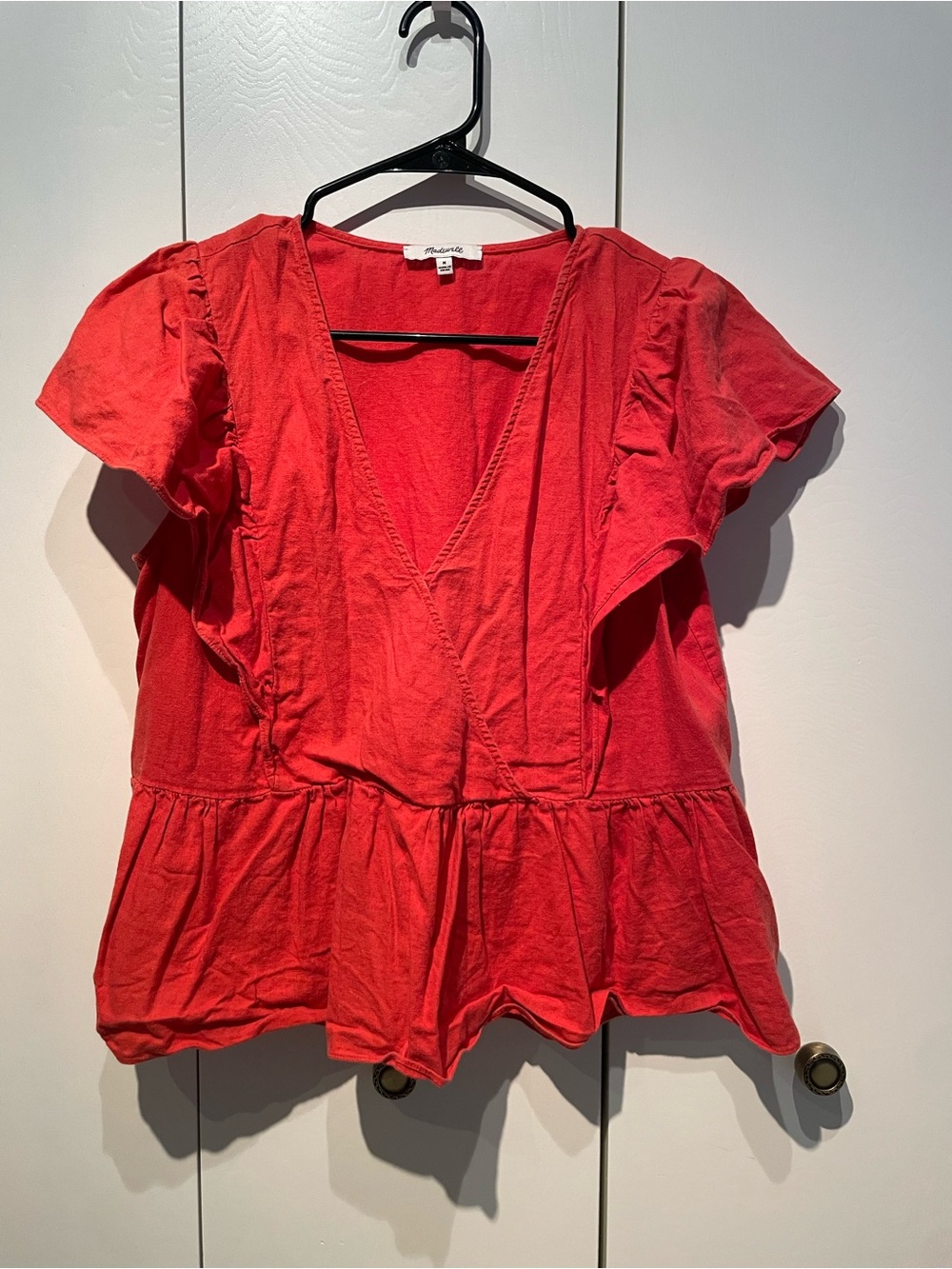 Madewell Red V-Neck Peplum Blouse with Flutter Sleeves